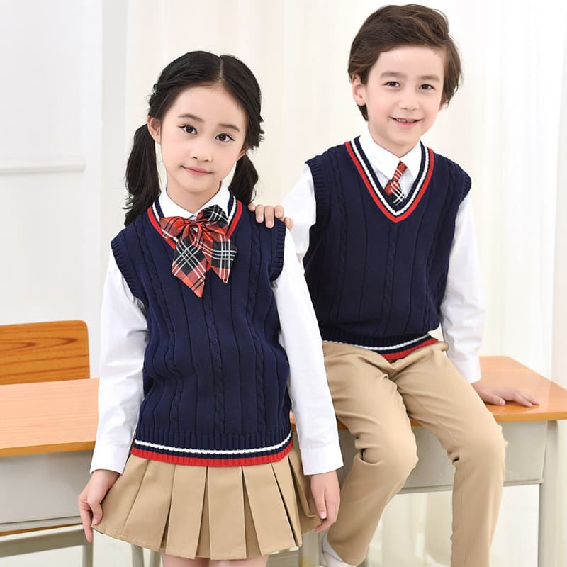 Children's Knitted Cotton Sweater Vest Boys Girls Pure Cotton Yarn Vest Autumn Winter School Uniform for Primary School Students