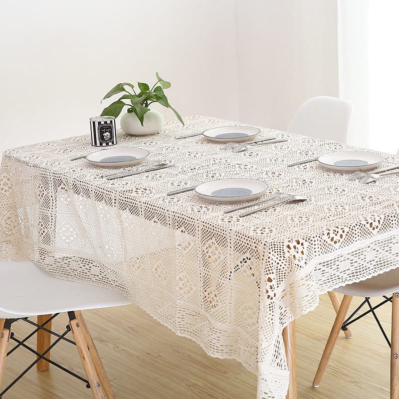 American Retro Cotton Linen Tablecloth Lace Hollow Out Knit Coaster Checkered Round Tablecloth Tea Table Cloth Countryside Table Flag Dining Mat