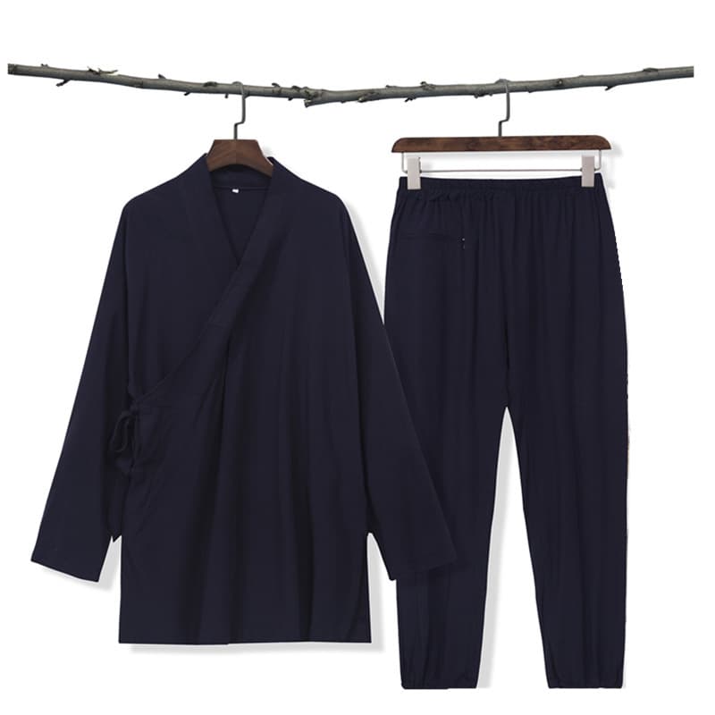 Factory Direct Side-Open Bamboo Joint Linen Diagonal-Cut Three-Collar Spring/Summer Tai Chi Suit Unisex Cotton-Linen Long Robe Set