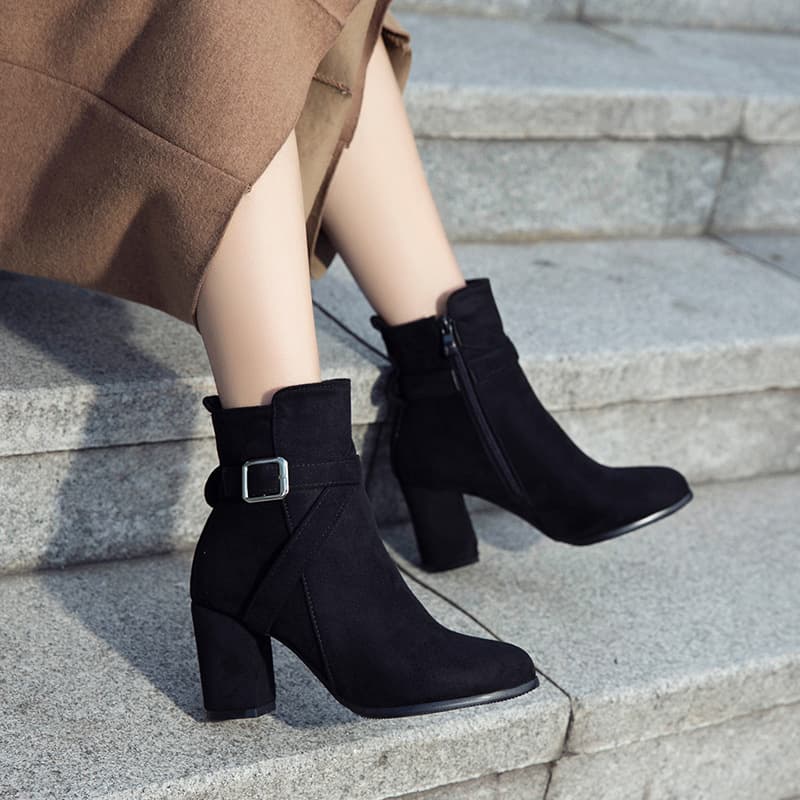 Belt buckle cross strap short leather boots Korean style riding boots export boots thick heel mid heel boots large size X187