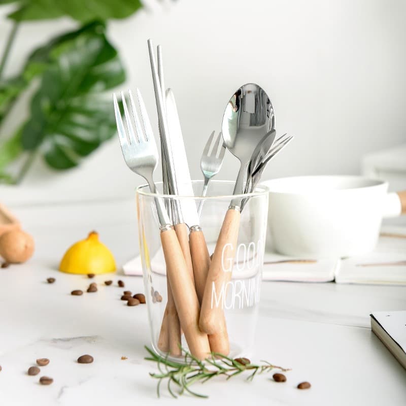 Home Wooden Handle Stainless Steel 304 Dinner Knife Fork Spoon Chopsticks Portable Kitchen Utensils Creative Wooden Handle