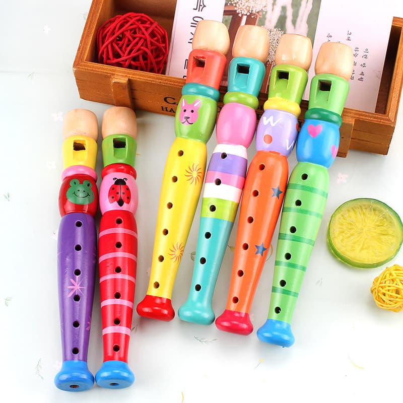 Wooden cartoon flute, wooden children's recorder, 6-hole small piccolo, wind instrument, educational toy for infants and young children