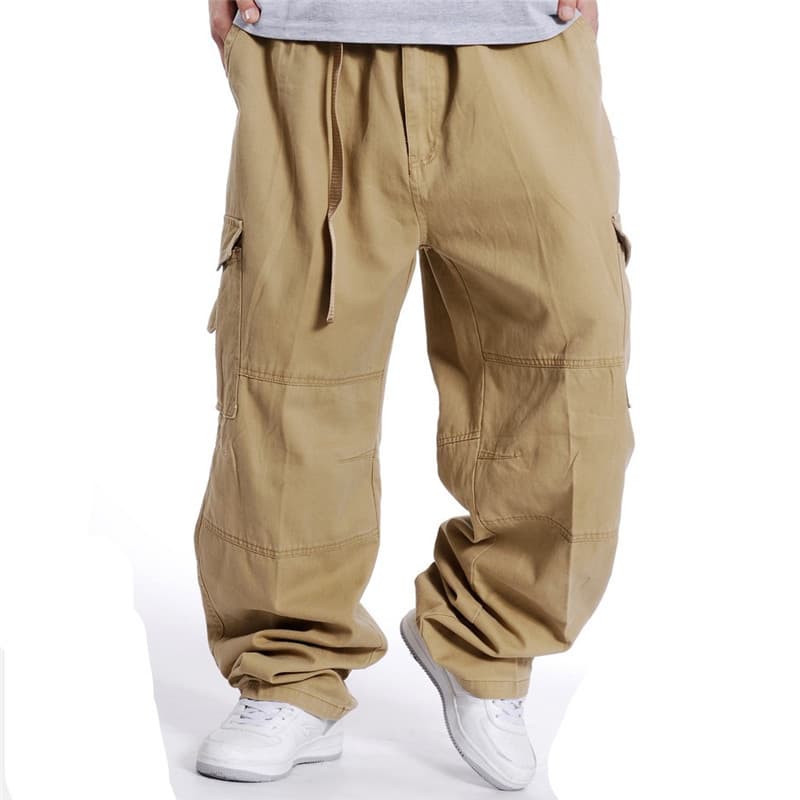 plus Size Men's Casual Cotton Work Pants Spring Autumn Loose Fit Wide Leg Elastic Waist Long Trousers Multiple Pockets
