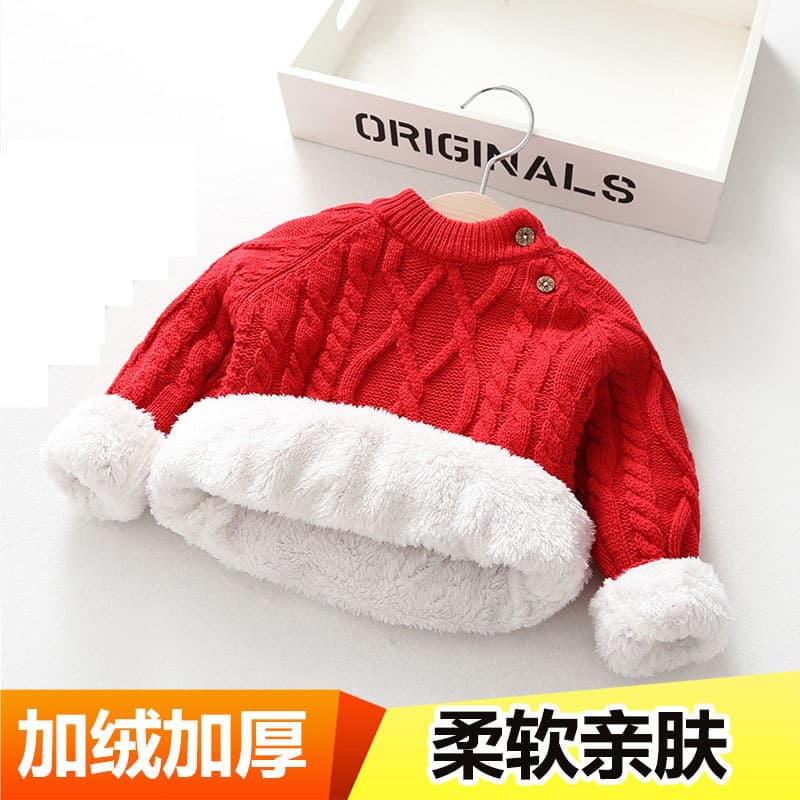Boys Girls Sweater Fleece Lined Thickened Autumn Winter New Baby Infant Toddler Knit Base Layer Pullover Crew Neck Knitwear