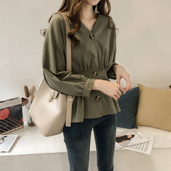2026 Early Autumn Women's New Korean Style V-Neck Slimming Blouse Long Sleeve Top Fashionable Shirt