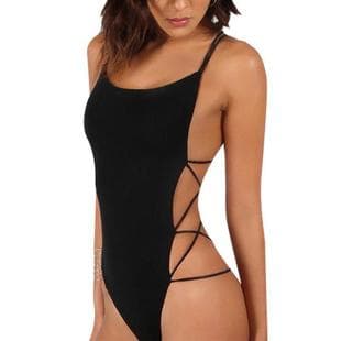 European and American Cross-border Trade Lace-up Backless Black Bodysuit Women's Sleeveless Summer Beach Swimsuit Slim Fit Round Neck Wholesale