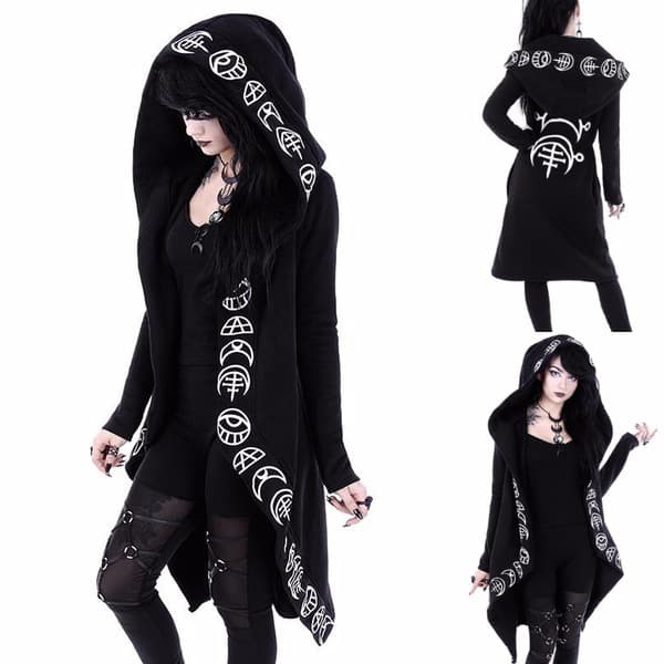 Punk-style women's long-sleeve open-front hoodie with moon pattern print, long length.