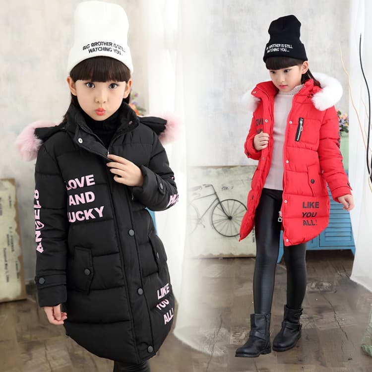 Winter New Letter Print Big Fur Hooded Long Sleeve Girls Cotton Coat Korean Thick Kids Cotton Padded Jacket for Older Children