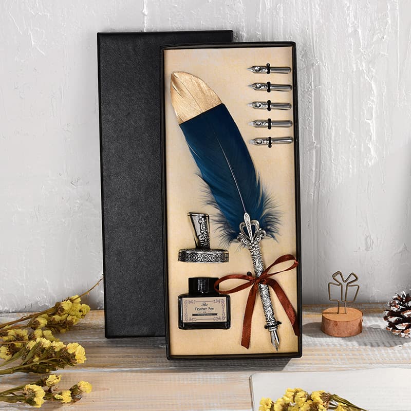 Vintage Feather Steel Pen Set Birthday New Year Gift Valentine's Day Slant Pen Ink Engraving Flower Suit Set
