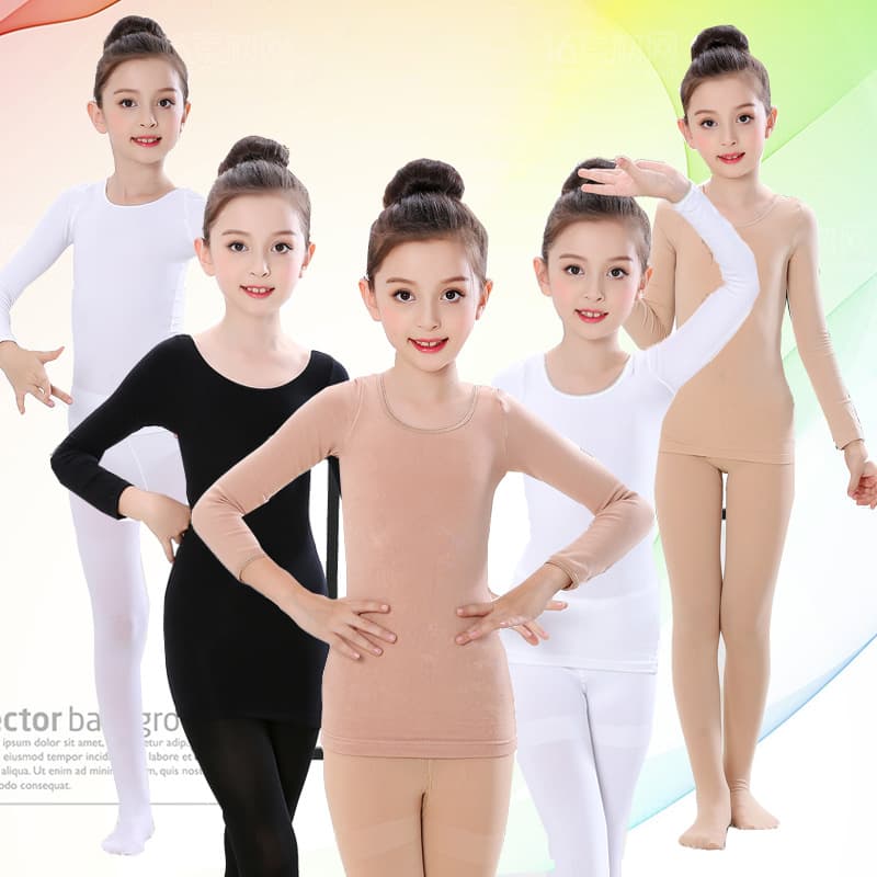 Children's Dance Base Layer Top Autumn/Winter Girls Fleece-Lined Nude Invisible Underwear Skin-Tone Thermal Tight Fit Bodysuit Practice Wear