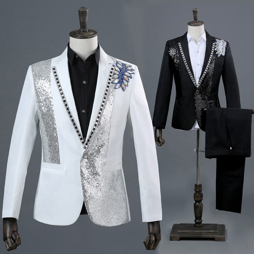 Studio photography, black and white suits with rhinestone embellishments, host's formal wear, singer's trendy men's stage performance suits