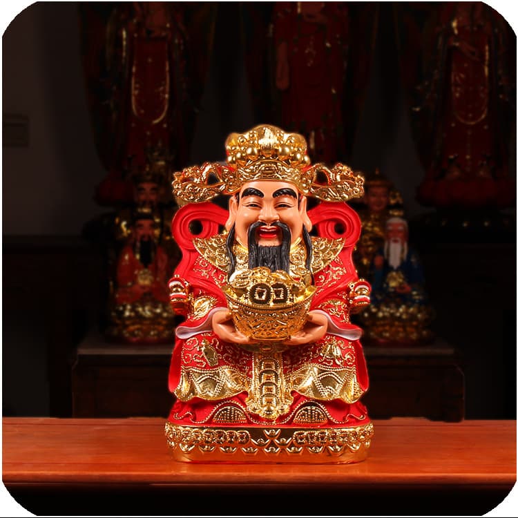 Resin Laughing God of Wealth Statues in 12/14/16/19 Inches with Gold Ingots, Red Robe Home Decor
