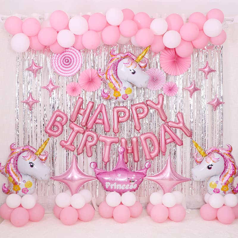 Unicorn Theme Birthday Letter Balloon Set Party Decoration Pink Chick Pig Foil Balloons