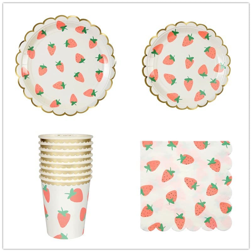 Pink Strawberry Paper Plate Cup Napkin 7 Inch 9 Inch Gold Foil round Disposable Party Tableware Set Imported No Patent