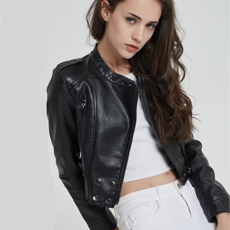 2023 Fall Women's Leather Jacket Short Slim Fit Stand Collar Motorcycle Jacket Washed Faux Leather Coat