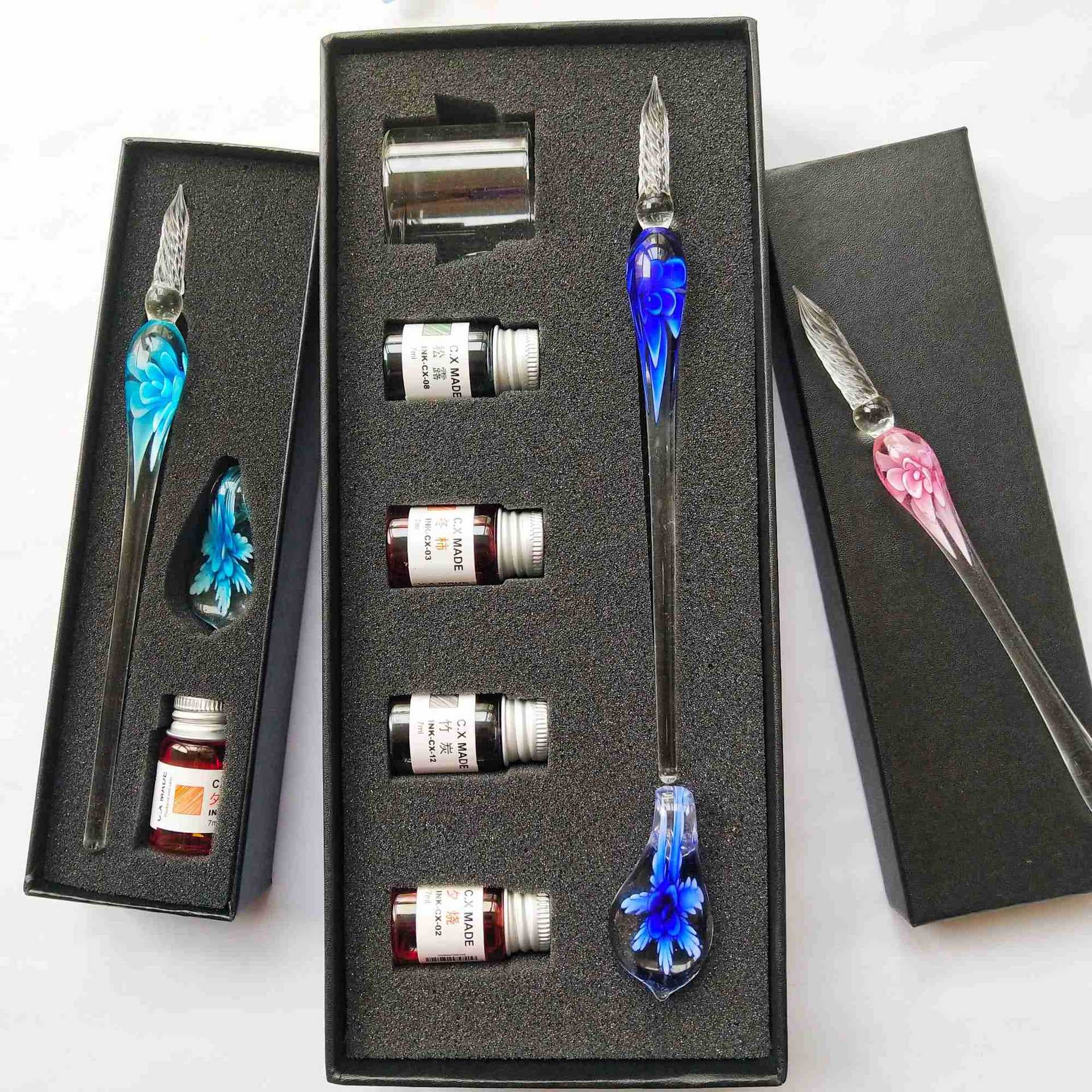 Colorful Inlaid Flower Glass Pen Set Starry Sky Powder Dip Pen Steel Gift Box Suitable For Friends Students