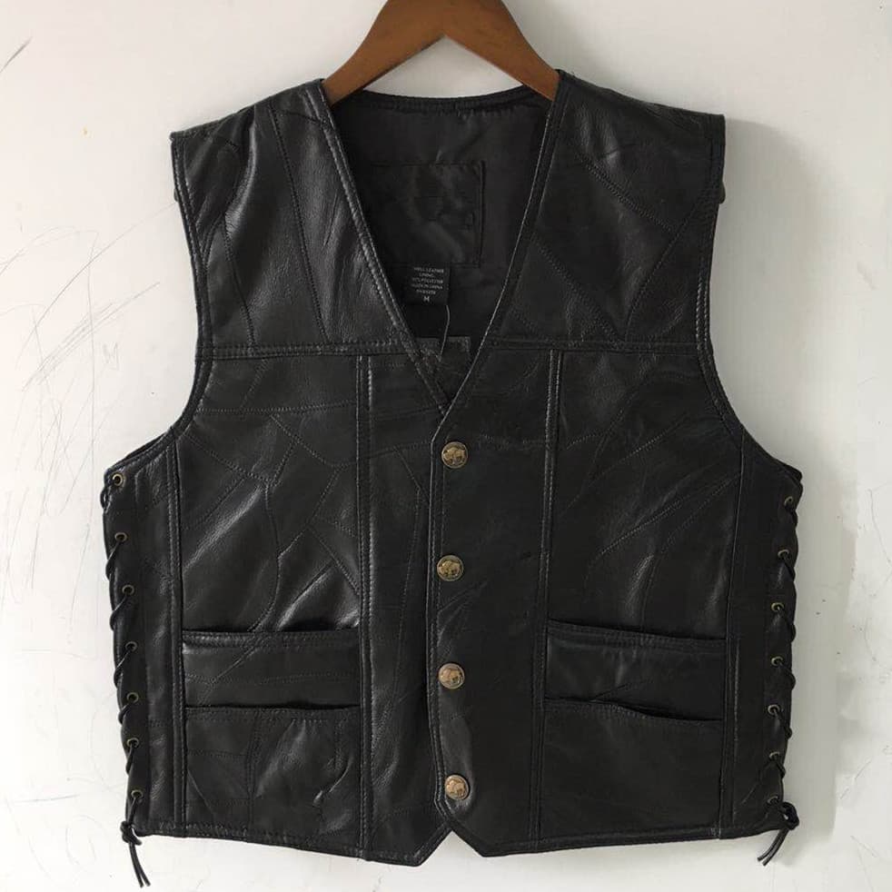 Classic Motorcycle Leather Vest Men's Sleeveless Jacket Patchwork Riding Vest Plain Leather Panel Design