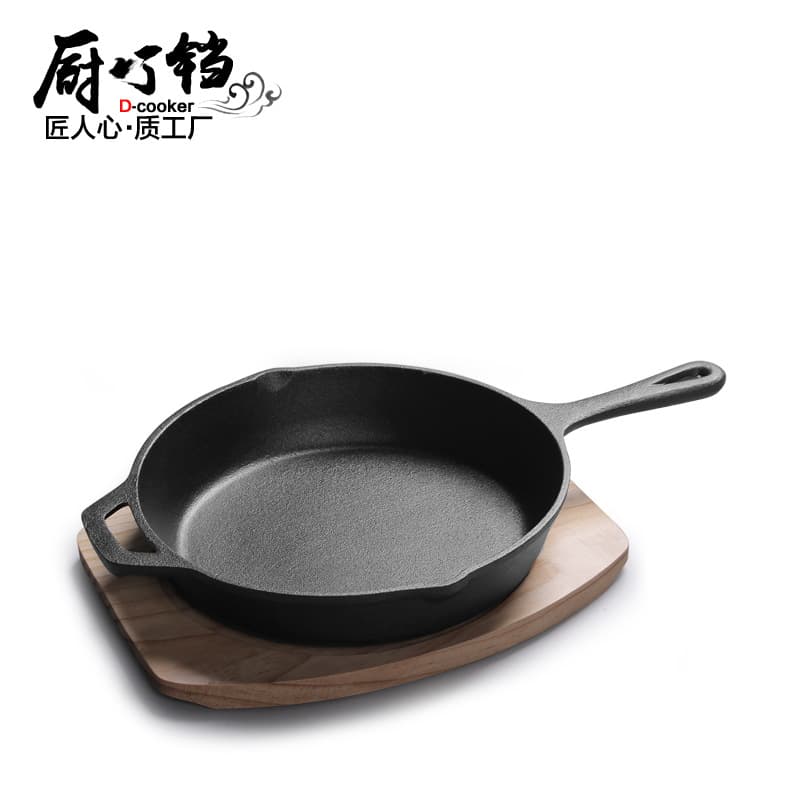 10-inch 12-inch Uncoated Cast Iron Frying Pan Flat Bottom Pan Optional Wooden Board Non-stick Pancake Griddle
