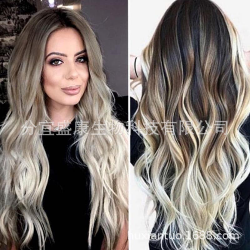 Exported Women's Long Curly Wig, Deep Wave, Middle Part with Bangs, Straight Hair, Elegant Long Hair, Mixed Color, Slightly Curly, Realistic Wig