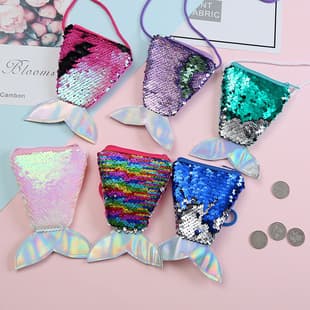 Sequin Coin Purse Lanyard Coin Bag Small Wallet Kids Crossbody Bag Fish Tail Two-Tone Sequin Coin Purse for Women