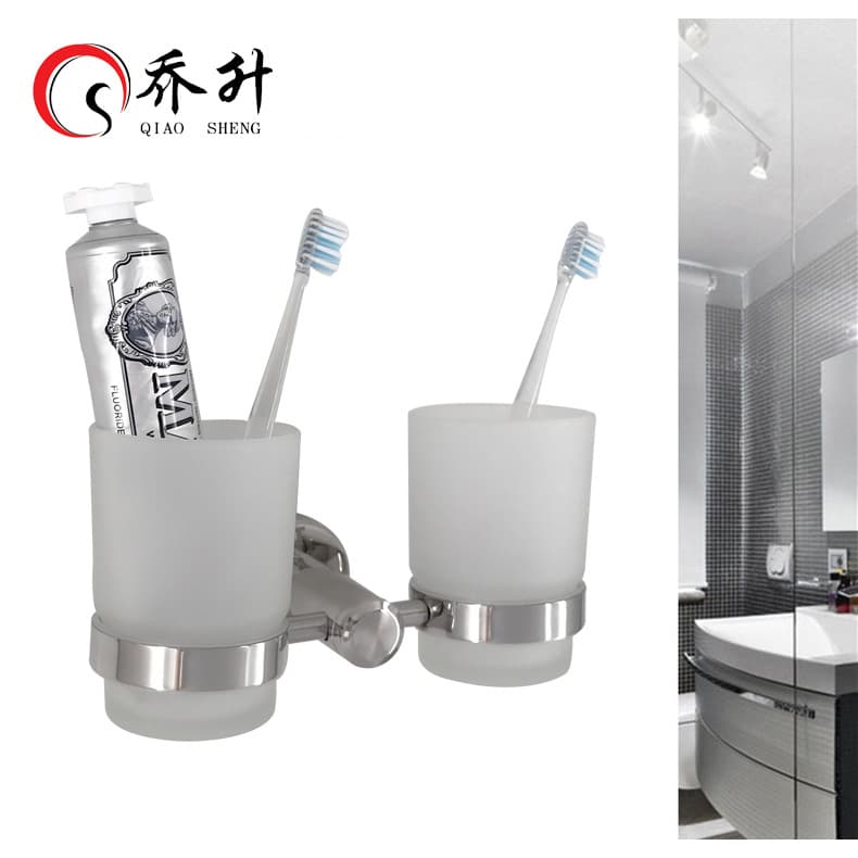 Qiaosheng Sanitary Ware 201 Stainless Steel Bathroom Mouthwash Cup Holder, Double Cup, Bathroom Glass Toothbrush Cup, Wall-Mounted Toothbrush Holder