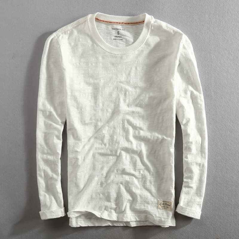 Round neck cotton T-shirt men's long-sleeved loose round neck cotton T-shirt youth fashion bottoming shirt-Qingshui