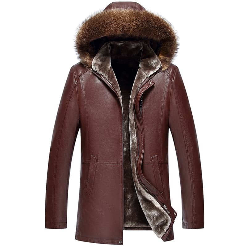 Men's mid-length fur coat with raccoon fur collar, thickened genuine leather, for middle-aged men.