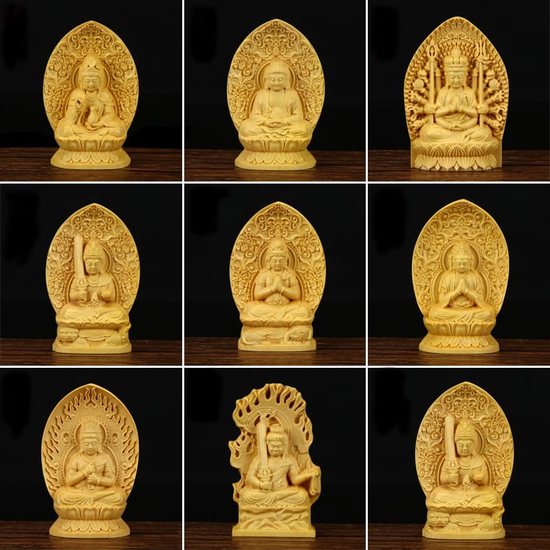 Big Leaf Boxwood Carved Thousand-Armed Guanyin Ornament Zodiac Year Tathagata Buddha Statue Handheld Piece Playable Small Shrine Craft