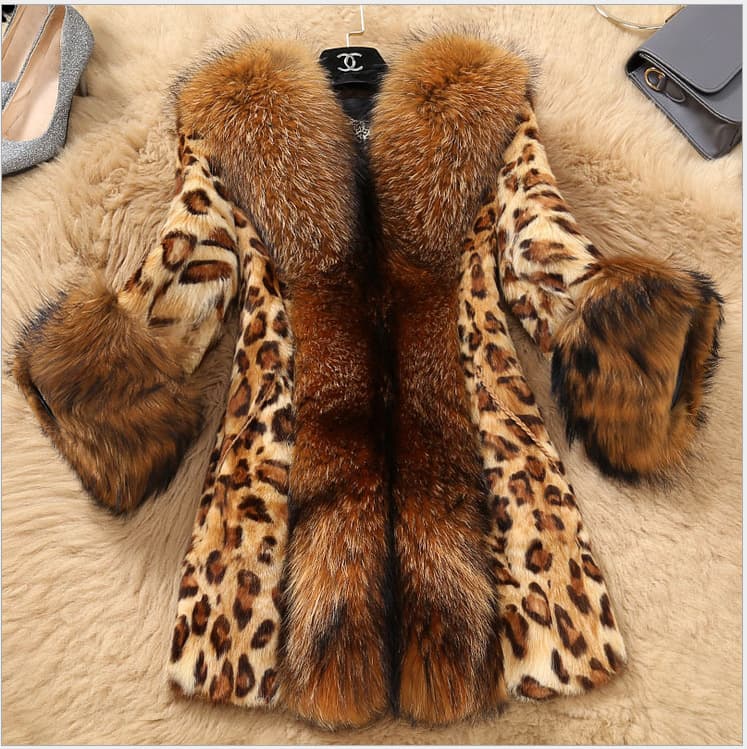 2025 New Fox Fur Coat Women Mid-Length Big Fur Collar Leopard Print Luxury Warm Fur Coat