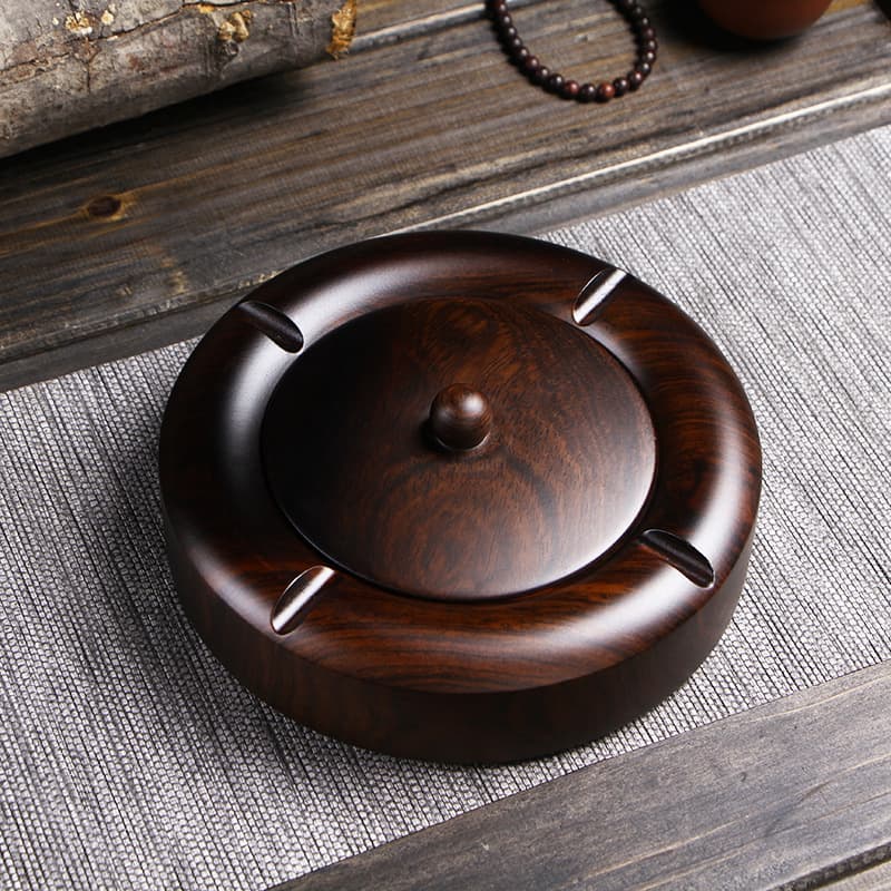Ebony Wood Ashtray with Lid, Large, Creative Coffee Table Decoration, Chinese Retro Solid Ebony Ash Tray