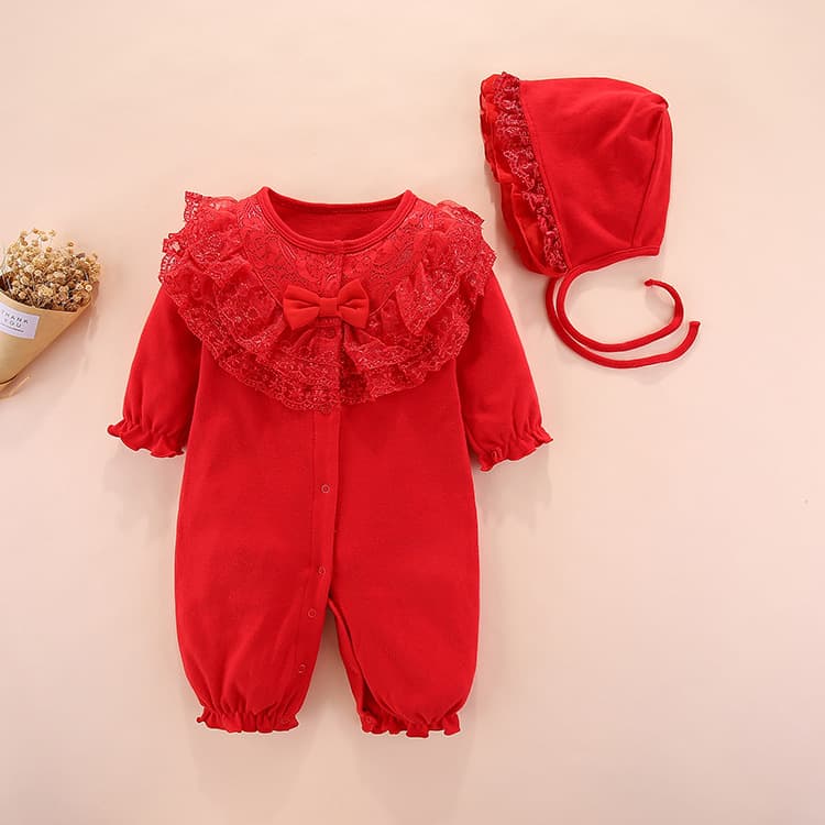 Baby Spring and Autumn Jumpsuit, Embroidered Korean Style Lace Romper, Full Moon/100 Days Dress