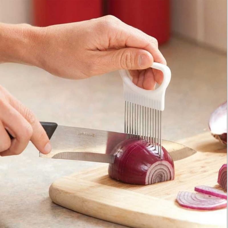Stainless steel onion needle, onion ring cutting tool, onion pricker tenderizer, tenderizing needle fork, fruit and vegetable hand guard slicer