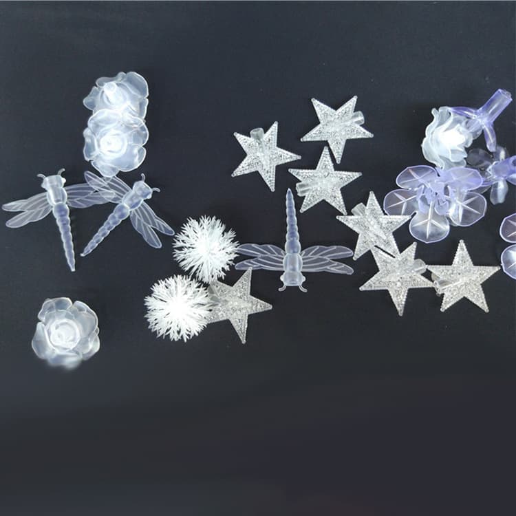 Manufacturer wholesale small colorful light plastic accessory hanging ornaments, clips for stars, roses, water droplets, bubbles LED string light inserts