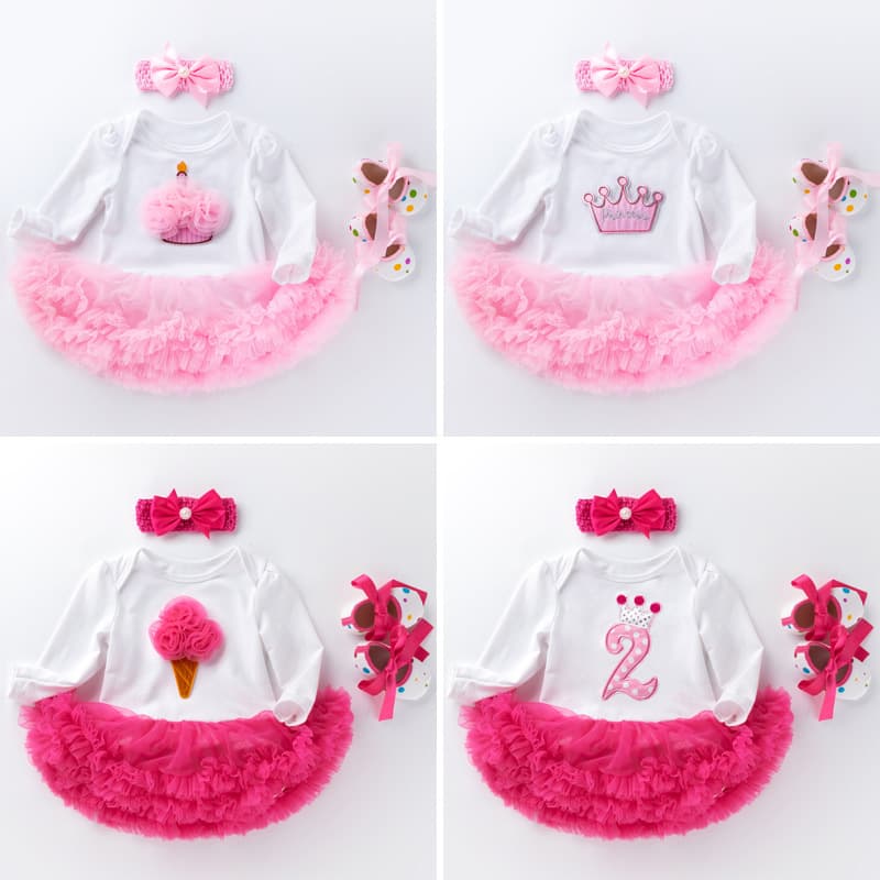 Baby dress, toddler shoes, hair accessories, three-piece birthday suit, pink gauze cartoon long-sleeved harem dress baby suit