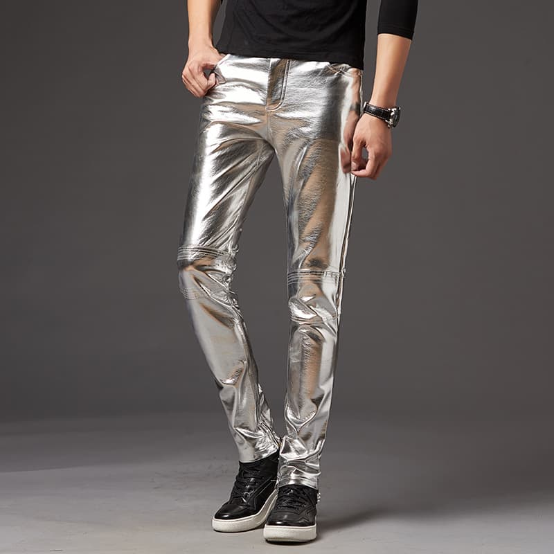 2025 Autumn/Winter Men's Leather Pants, Korean Style, Slim Fit, Skinny Jeans, Stage Performance, Men's Motorcycle Style, Glossy Silver Leather Pants