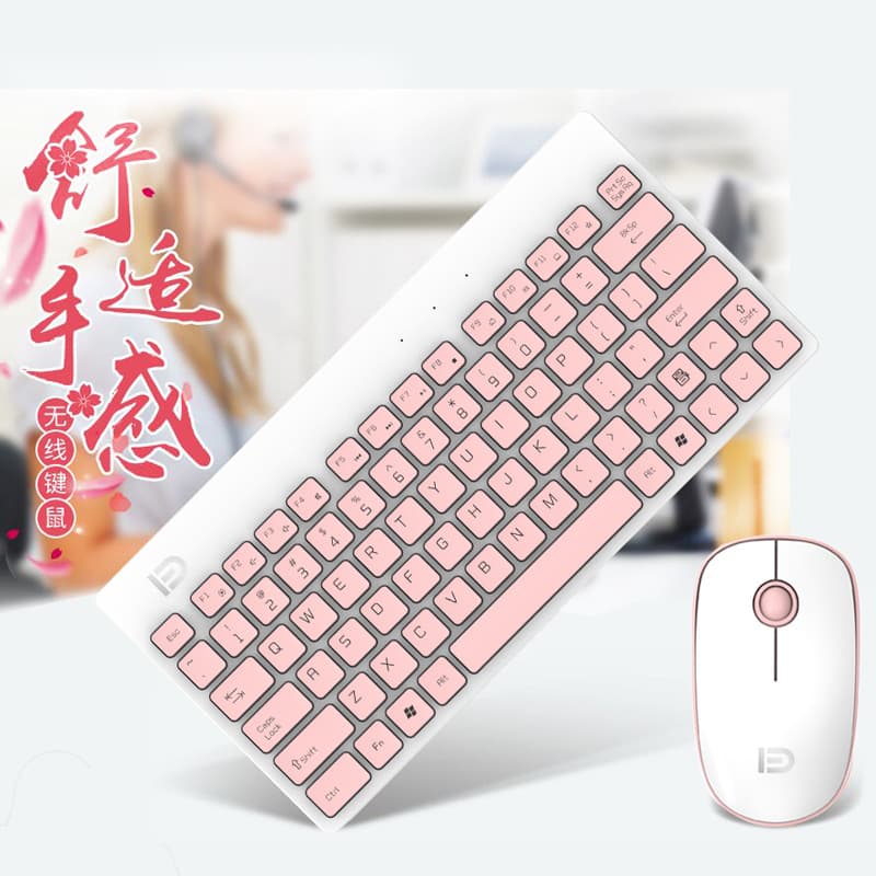 Fude 1500 Wireless Keyboard and Mouse Set - Gaming, Office, Home Use, Slim and Lightweight, Cute Pink for Girls