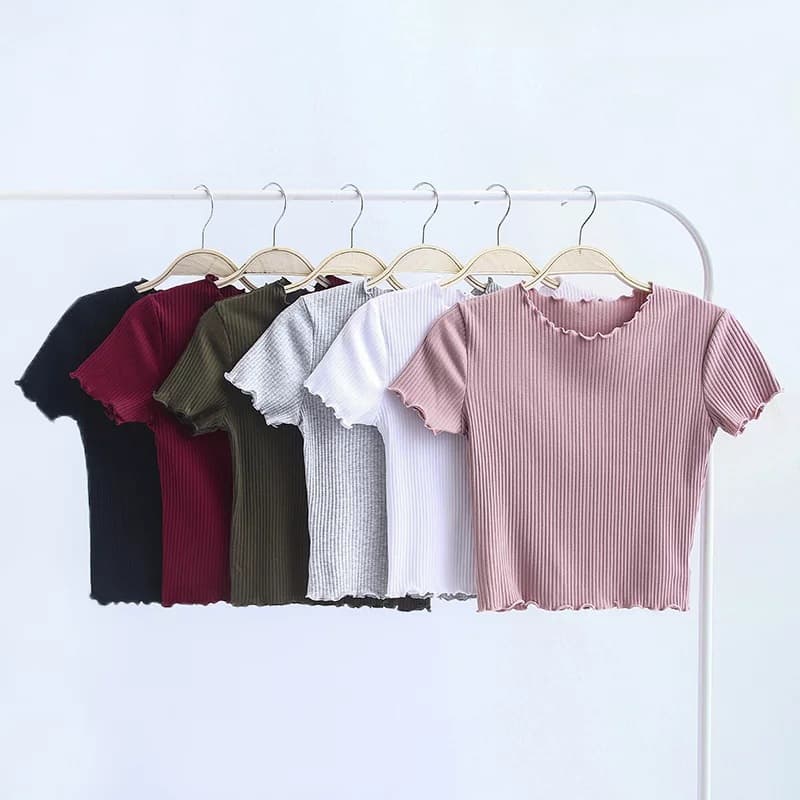 2025 Spring Summer New European American Fashion Retro Ruffle Trim Fitted Crop Short Sleeve T-Shirt Top Women