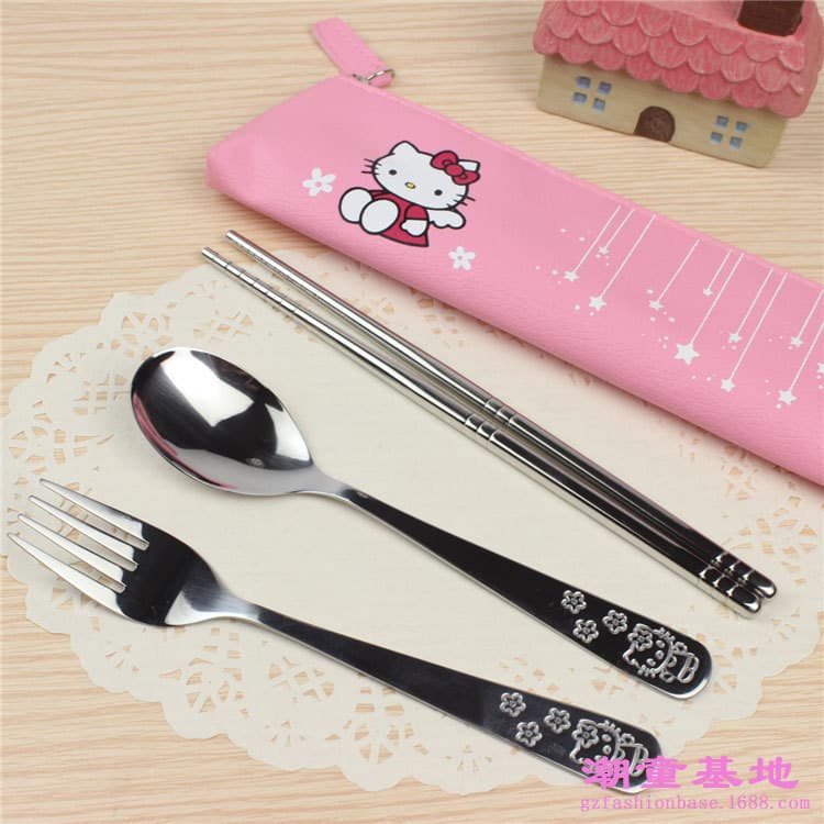 PU Zipper Pouch Children's Chopsticks, Fork, Spoon 304 Stainless Steel Three-Piece Tableware Set Wholesale, Eco-Friendly Utensils
