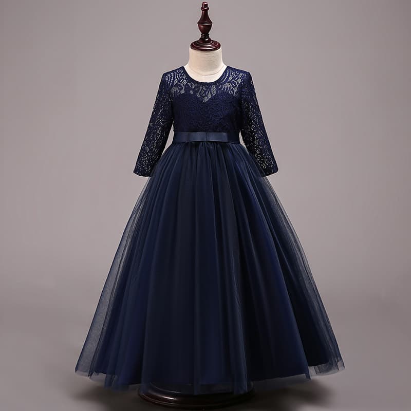New Children's Princess Dress Long Tulle Gown with Lace Long Sleeves for Girls