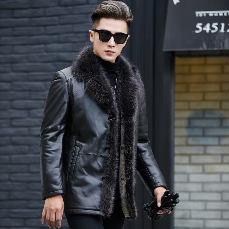 Haining Men's Fur Jacket with Raccoon Fur Collar, Mid-Length, Thickened, Genuine Leather, Fur-Integrated Leather Coat