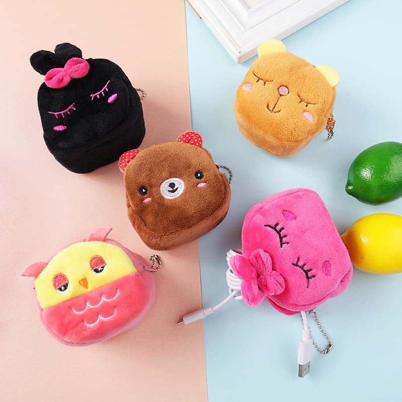 Cartoon Animal Pattern Plush Cube Women's Small Zipper Coin Purse Creative Gift Short Key Holder