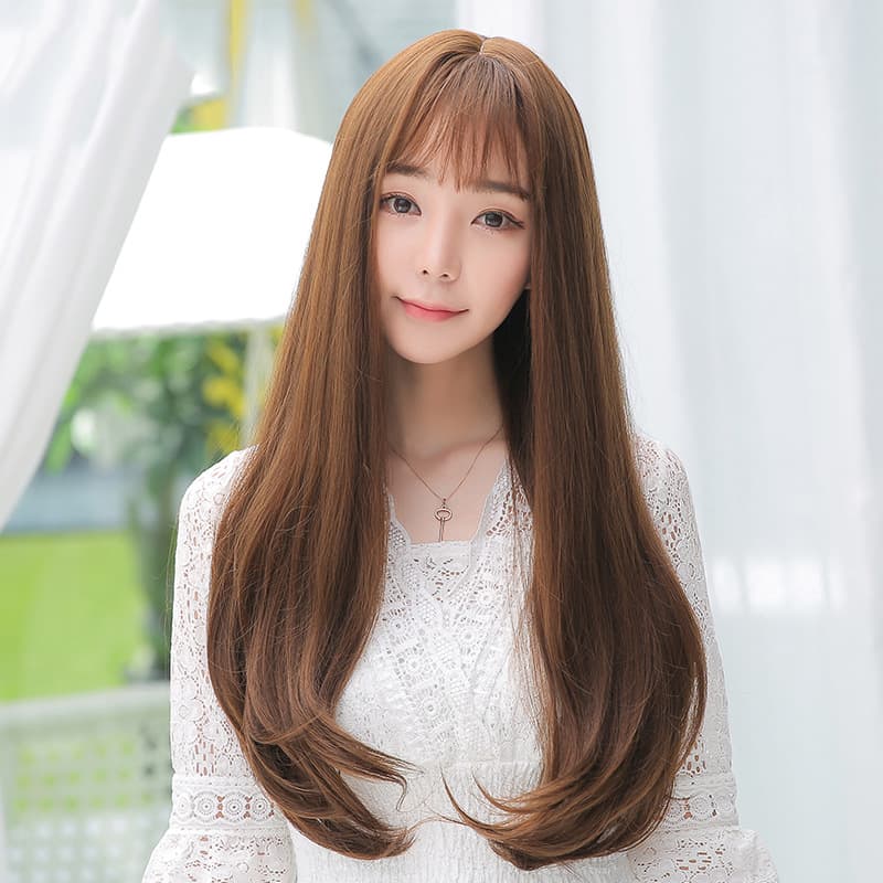 Cross-border Japanese and Korean Amazon independent station women's long hair curly hair cover air bangs slightly curled inner buckle wig full head cover