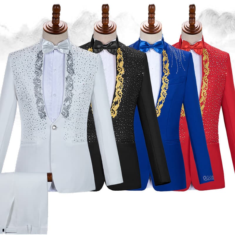 Men's adult stage costume with stand-up collar and sequins, suitable for singers, hosts, and choruses.