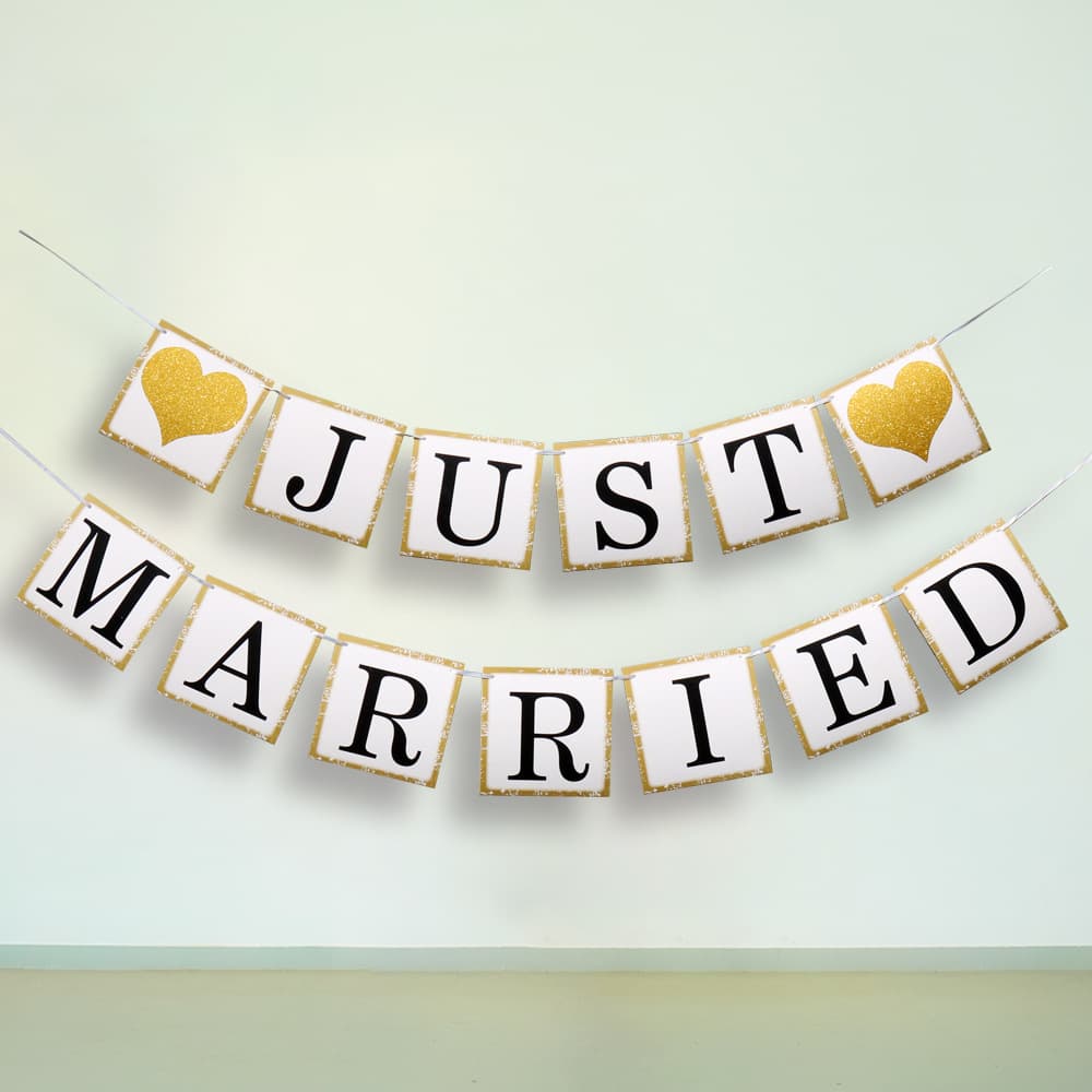 New JUST MARRIED Glitter Heart Banner Wedding Decoration, Wedding Room Decoration Venue Setup