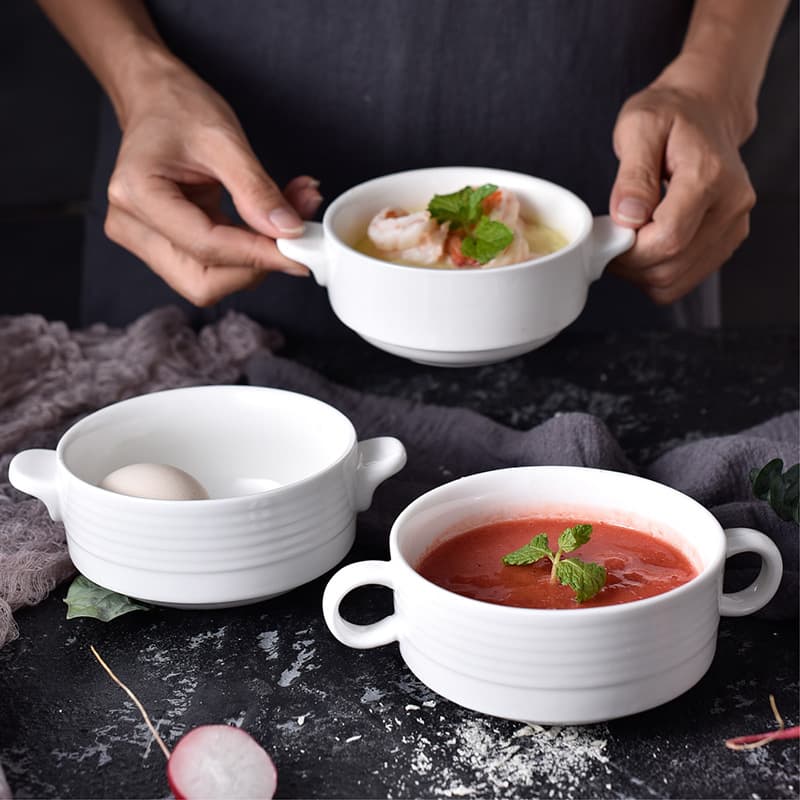 Nordic Creative Double Ear Ceramic Bowl Set Pure White Dinnerware Set Dessert Round Bowl Western Dining Hotel Utensils Logo