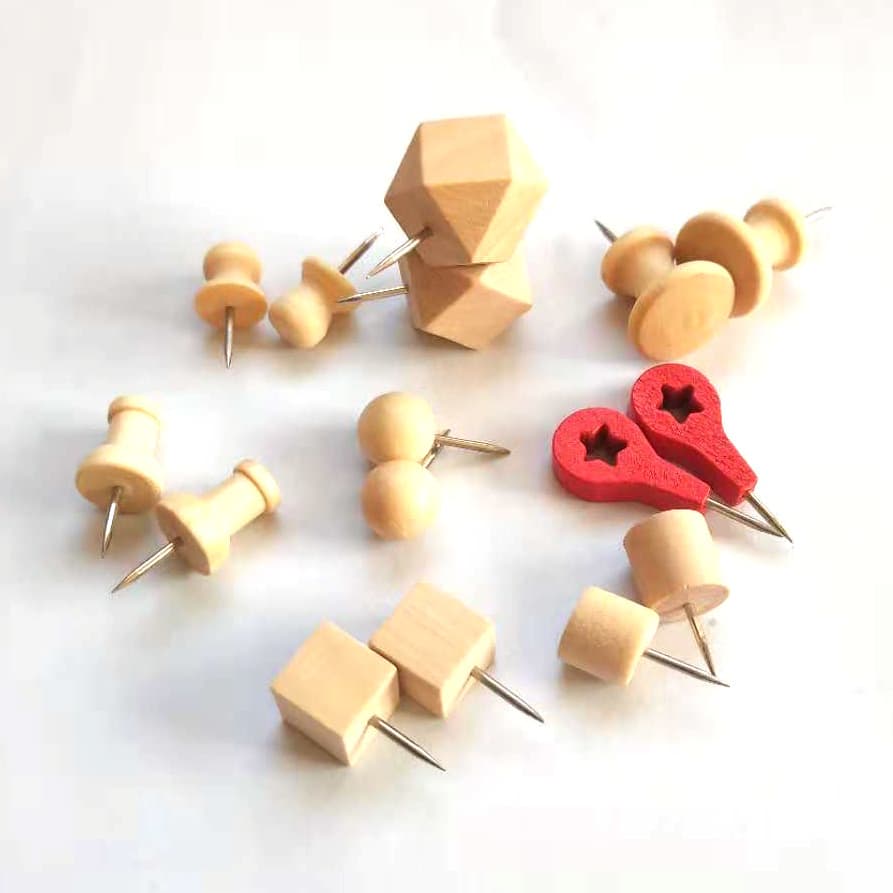 Factory Direct Sales Wooden Push Pins, Wooden Ball and Square Nails for Office Hanging and Fixing, Wooden Thumbtacks, Cylinder and Straw Hat Nails