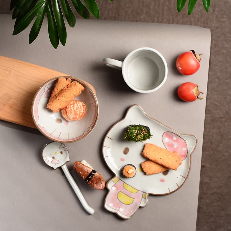 Jingdezhen Creative Ceramic Tableware Hand-Painted Pink Cat Plate Bowl Cup Spoon Set Cute Cartoon Dessert Plate Wholesale