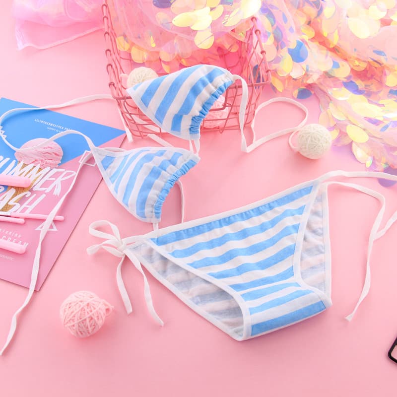 Lace-up Tie Anime Blue-White Striped Set Classic Blue-White Cosplay Bikini Set EE01