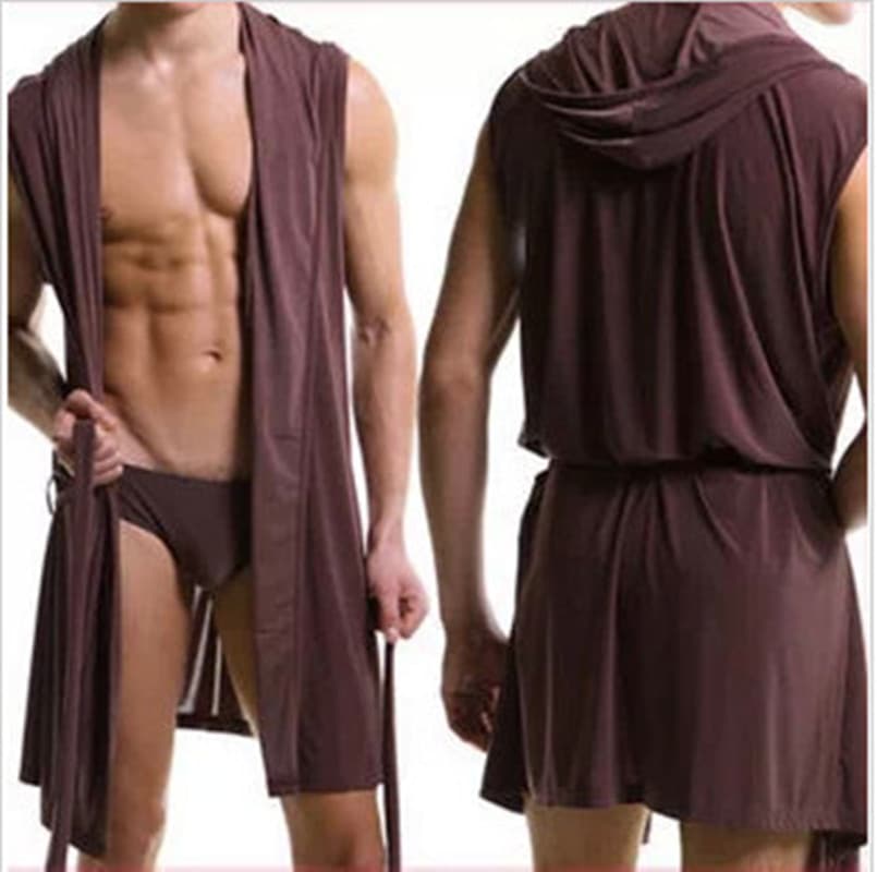 Cross-border European Style Men's Bathrobe, Cool and Silky, Men's Hooded Sleeveless Bathrobe, Thin Foreign Trade Bathrobe, No Underwear Included