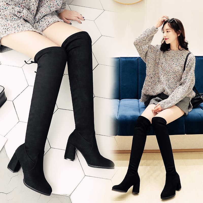 Winter Women's Over-the-knee Elastic Boots New Style Pointed Martin Boots Fleece-lined Thickened High Heels